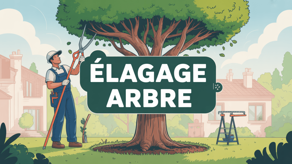 Illustration jardinier professionnel élagage arbre scie élagueuse grande branche