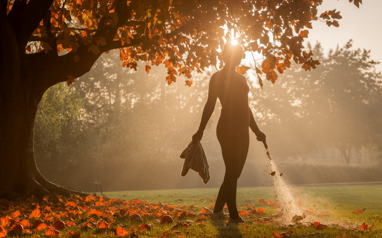 Personne taille un figuier avec feuilles mortes et fruits tombes