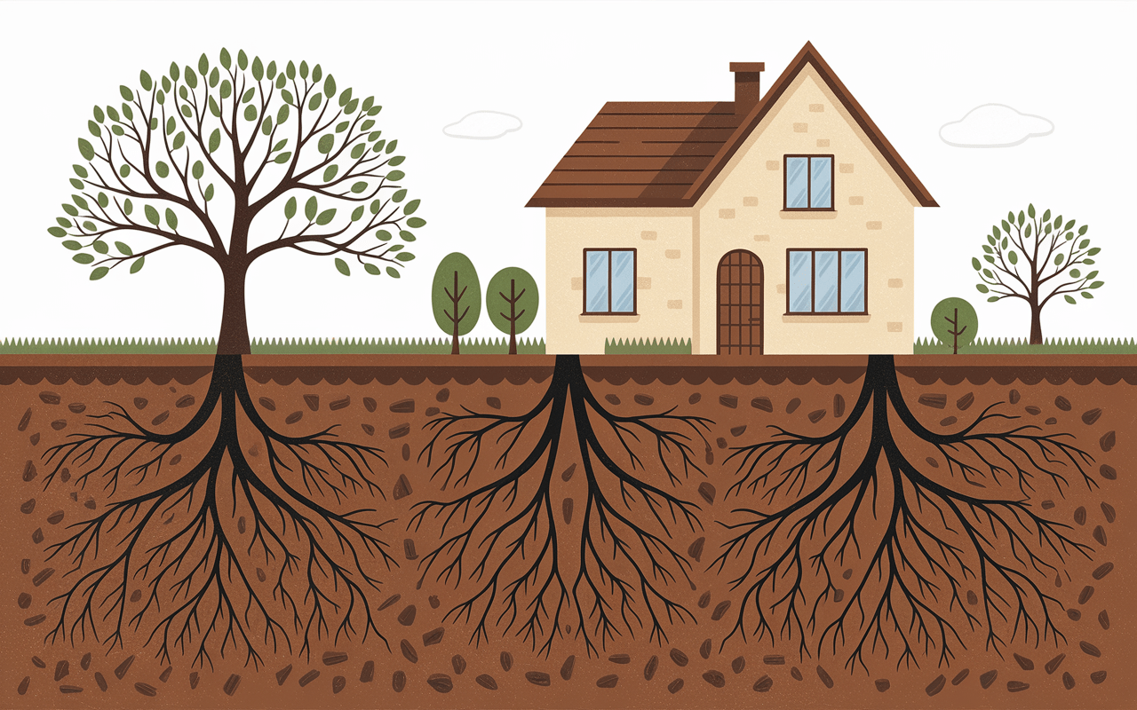 Coupe sol racines de figuier fissurant fondations et canalisations