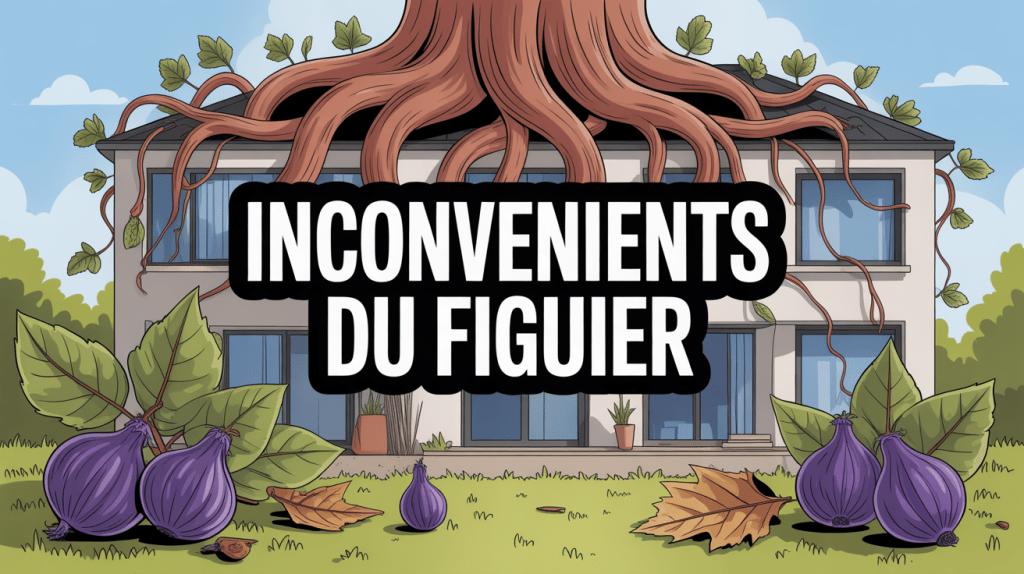 Illustration inconvénient du figuier avec racines envahissantes et fruits au sol