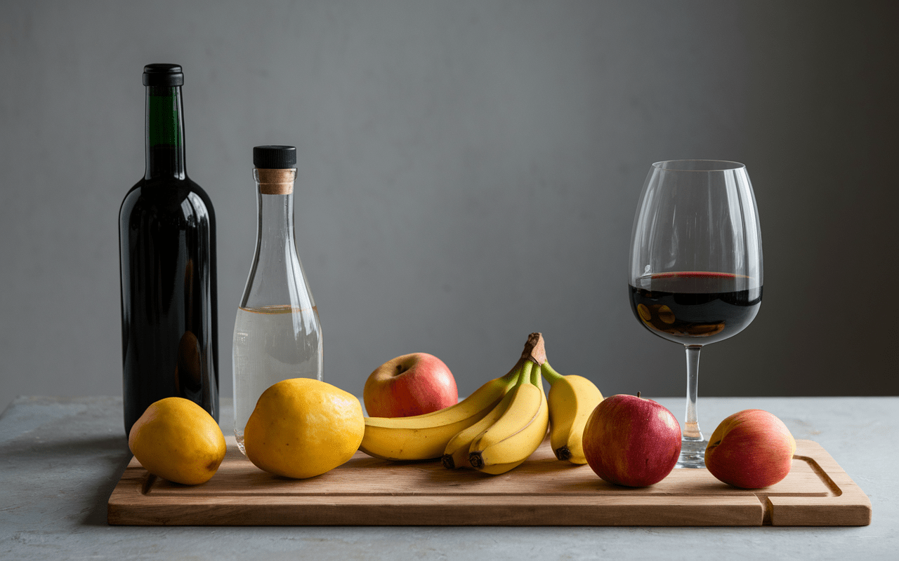 Bouteille vinaigre cidre liquide vaisselle vin rouge fruits mûrs piège à moucheron maison efficace