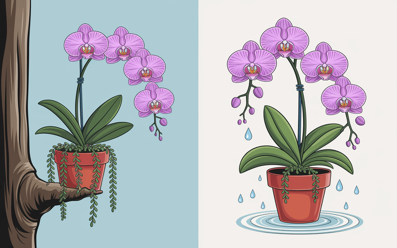 illustration orchidée épiphyte et orchidée en pot avec cycle humidification