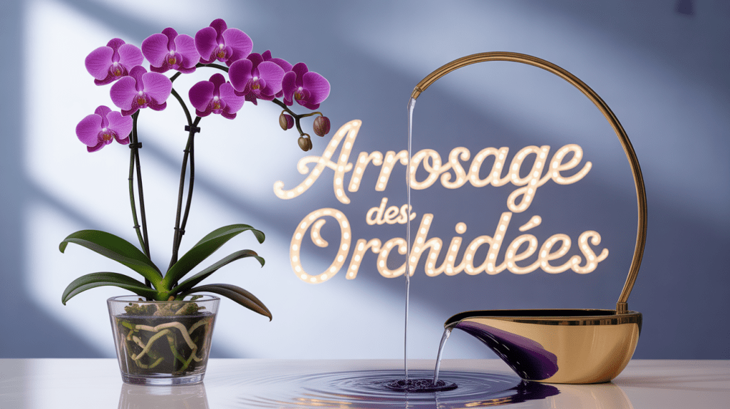 orchidée phalaenopsis violette en pot avec arrosage