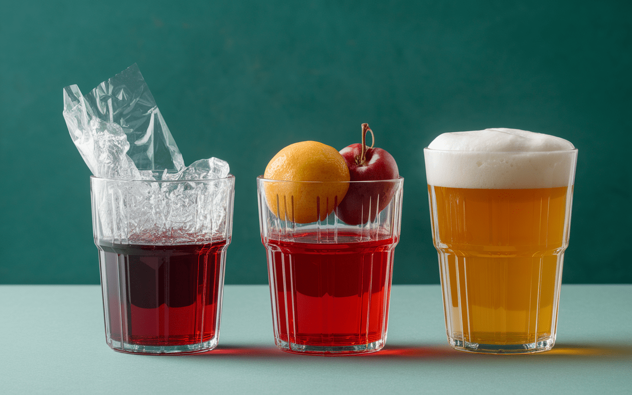 Trois pièges à moucheron maison efficace dans récipients transparents avec film plastique fruits mousse bière