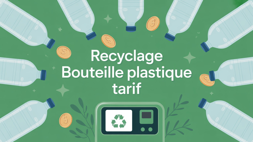 Illustration recyclage bouteille plastique tarif avec machine et pièces dorées