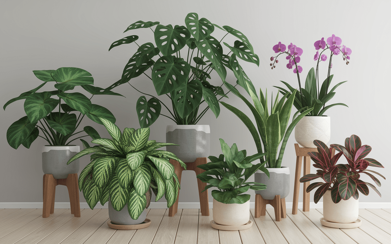 collection plante salle de bain tropicale avec fougères et monstera