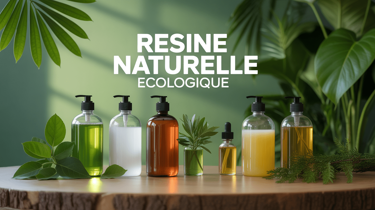 Flacons avec liquides resine naturelle ecologique sur table en bois