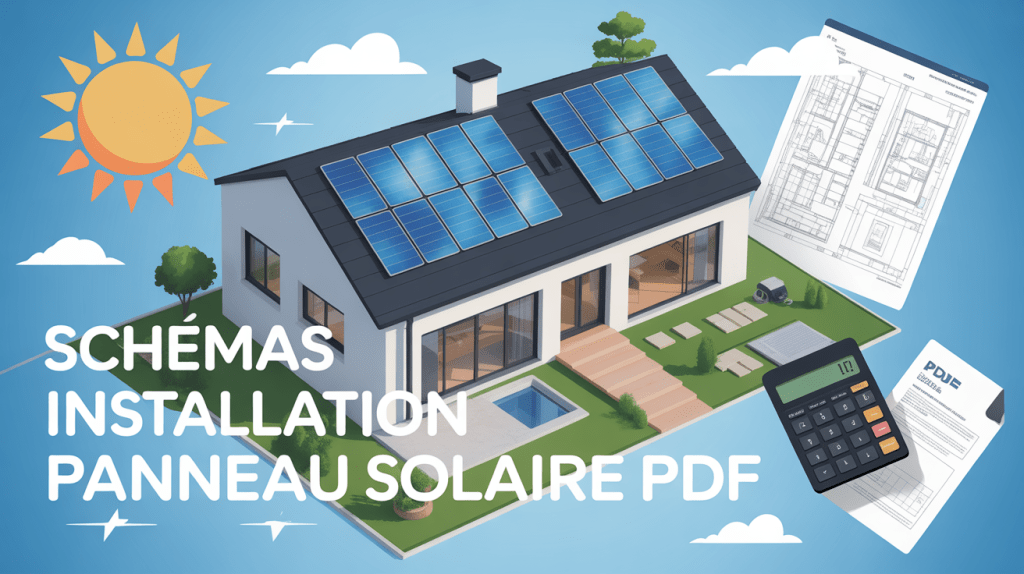 Vue aérienne maison avec panneaux solaires et schémas