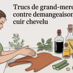 Femme se grattant le cuir chevelu entourée d'ingrédients naturels