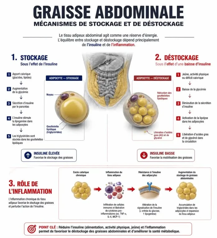 Infographie sur les mécanismes biologiques pour maigrir du ventre et réduire la graisse abdominale