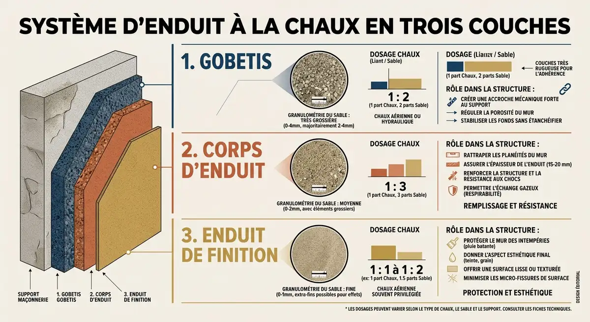 Schéma des trois couches d'un enduit à la chaux : gobetis, corps d'enduit et finition