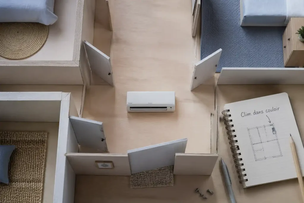 clim dans couloir pour refroidir les chambres, vue du dessus