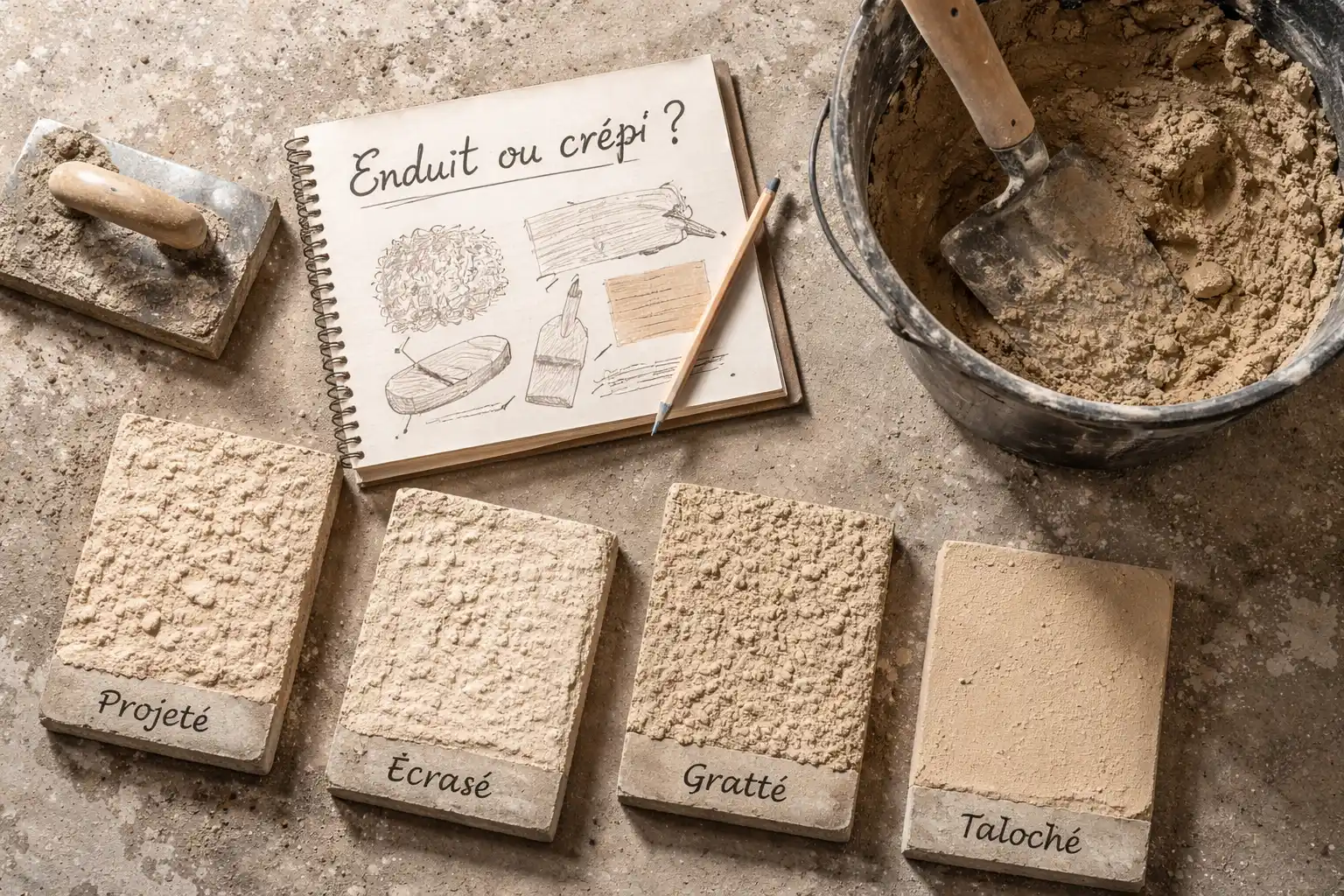 Crépi ou enduit extérieur outils et échantillons sur chantier