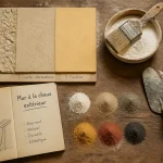 Mur à la chaux extérieur, outils, échantillons, enduit façade