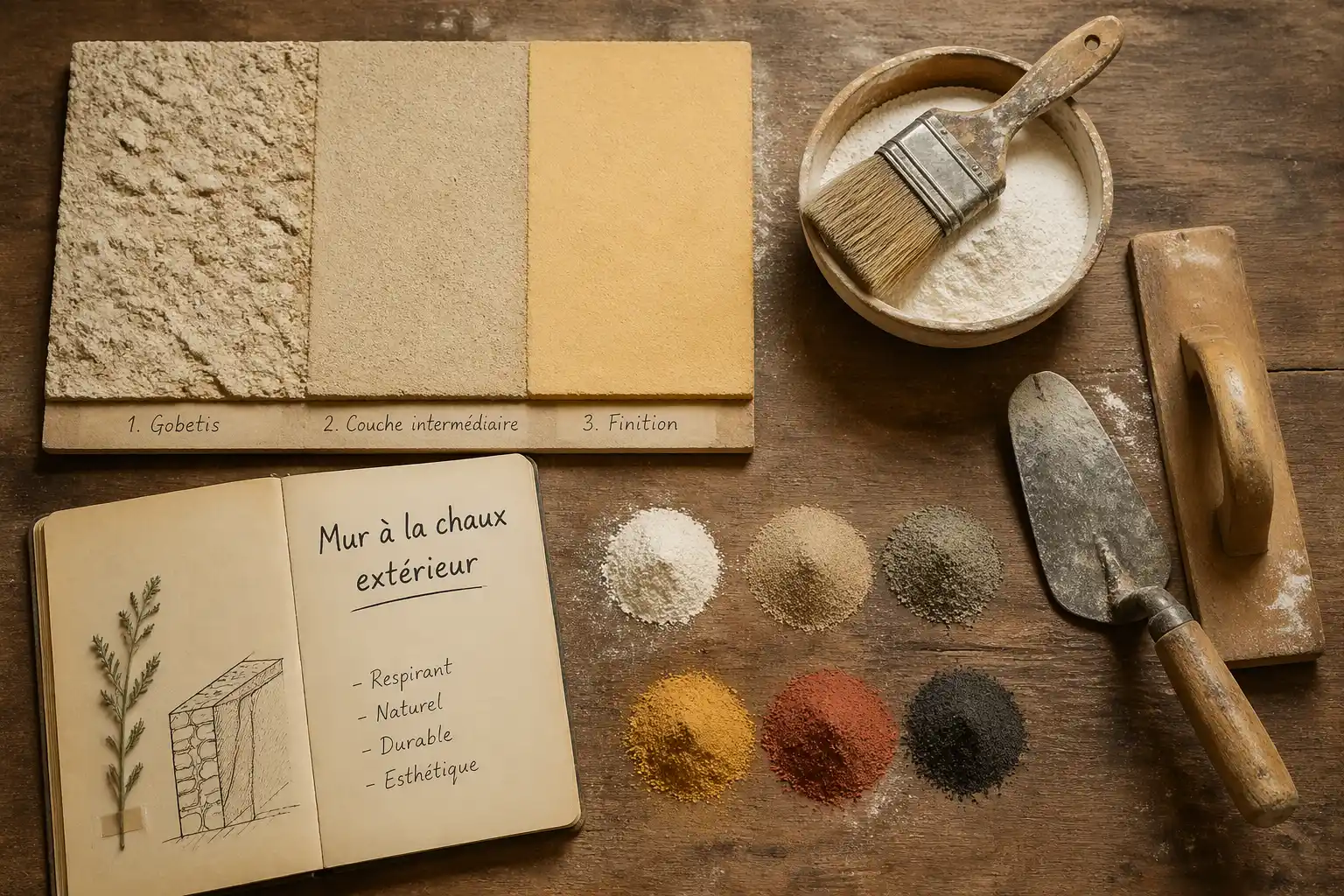 Mur à la chaux extérieur, outils, échantillons, enduit façade