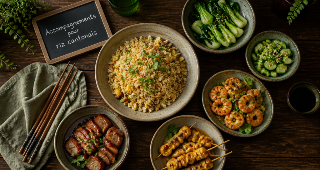 accompagnement riz cantonais table asiatique vue plongee