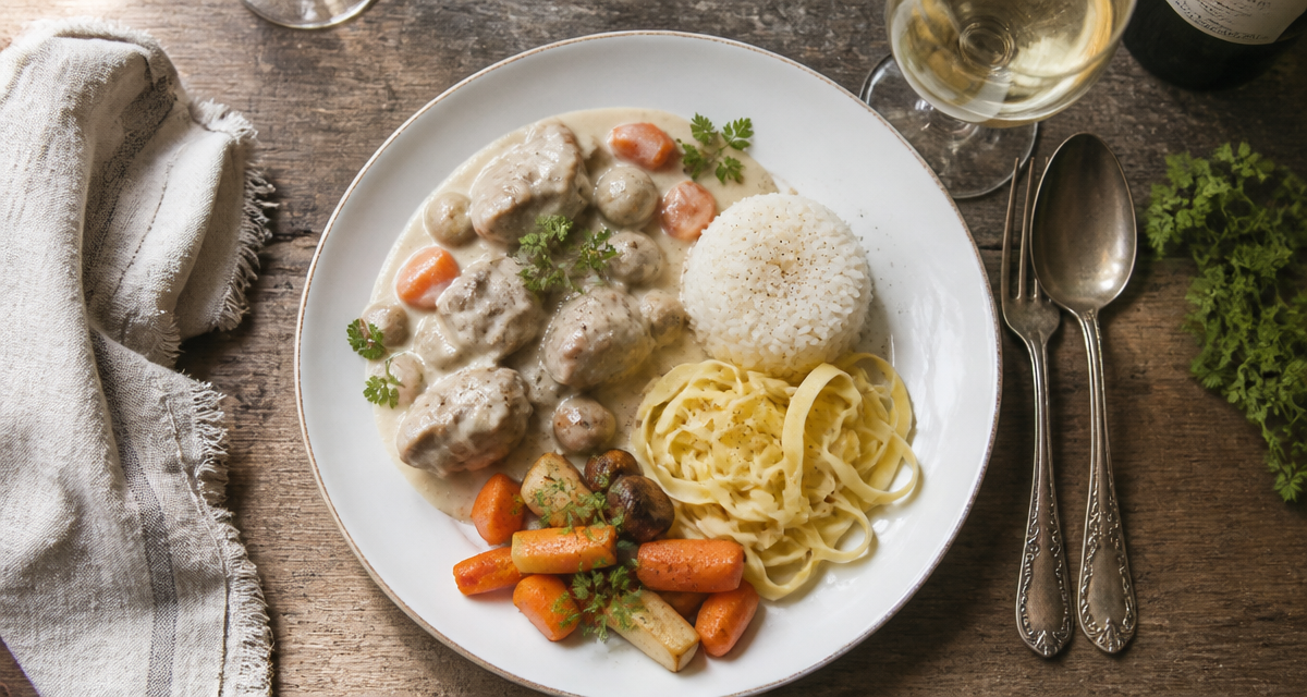 Blanquette de veau accompagnement riz légumes pâtes