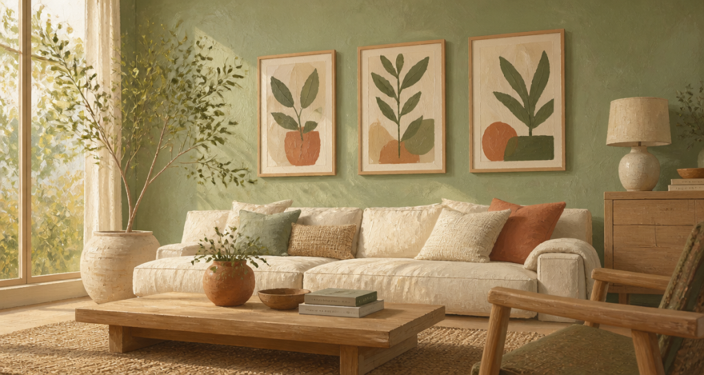 decoration murale vert sauge avec tableaux abstraits
