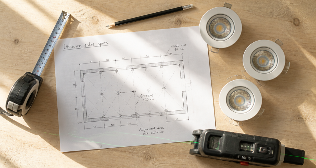 distance entre spot plafond plan outils
