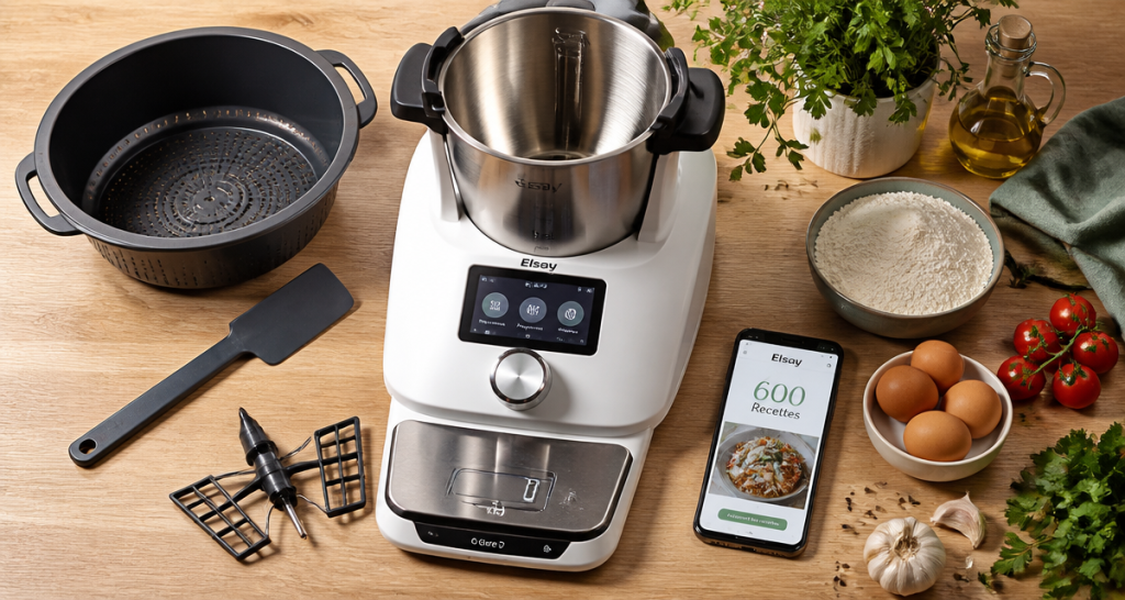 elsay robot multifonctions sur plan de travail avec accessoires et recettes