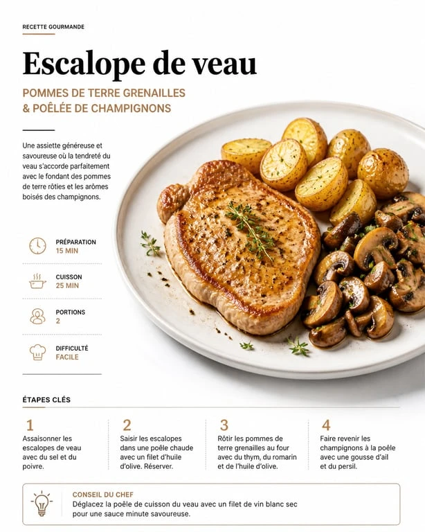 Escalope de veau accompagnée de pommes de terre et champignons pour un repas raffiné