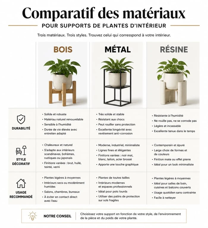 Comparatif des matériaux pour support plante intérieur : bois, métal et résine.