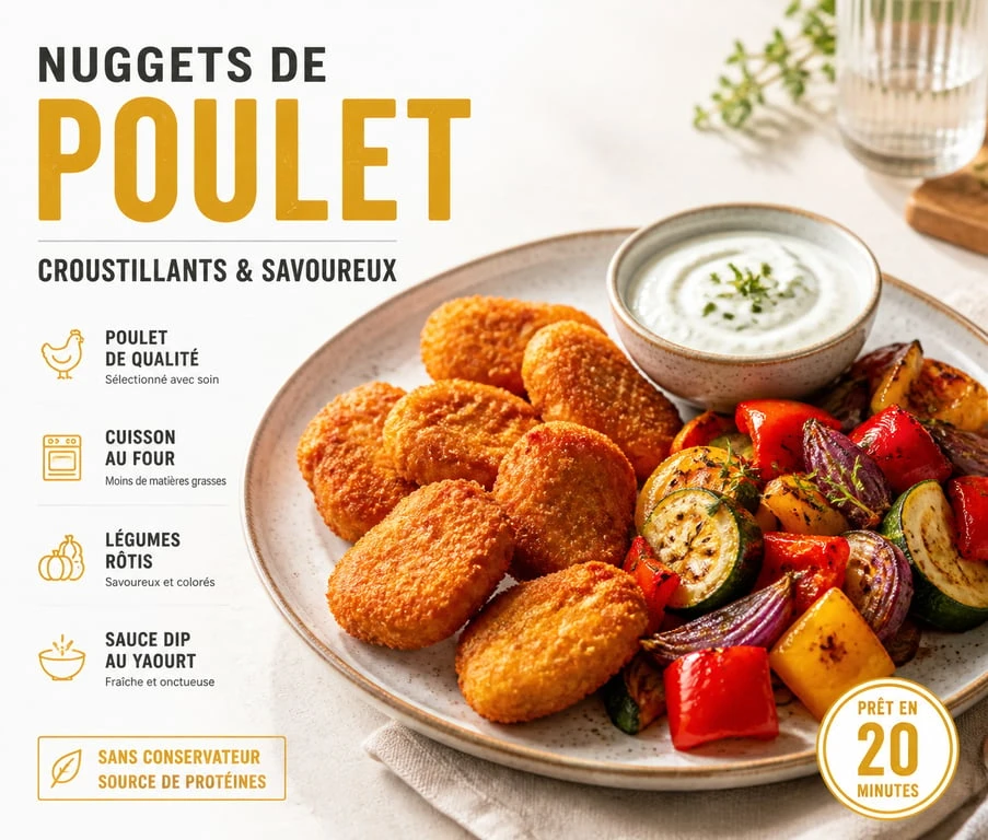 Nuggets de poulet maison accompagnés de légumes rôtis et sauce dip pour un repas équilibré