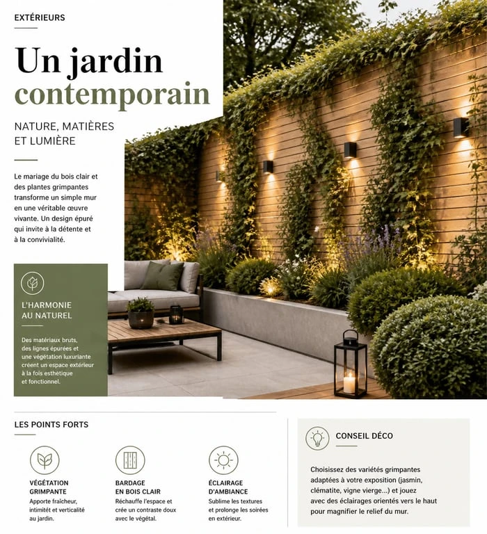 Idée pour cacher un mur extérieur avec du bardage bois et des plantes grimpantes