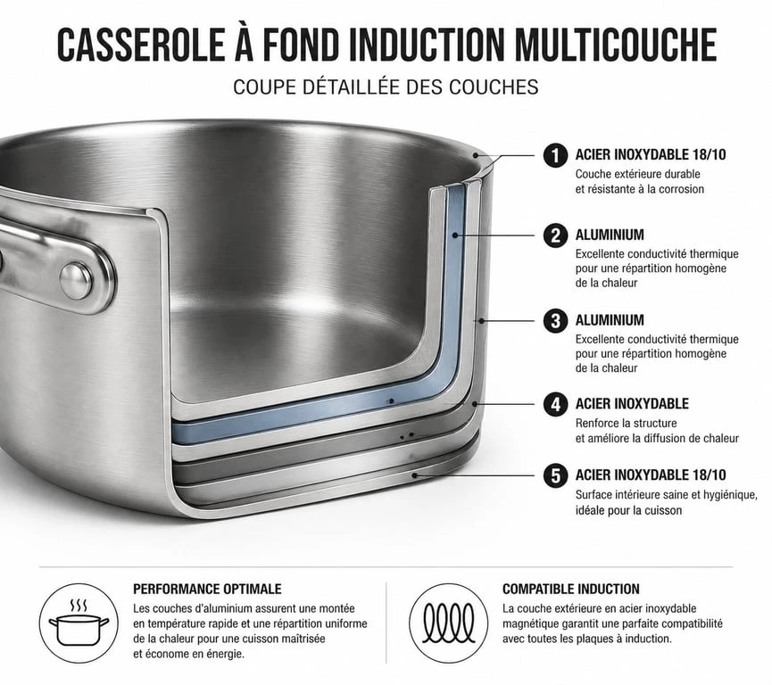 Schéma technique d'une casserole compatible induction avec fond multicouche