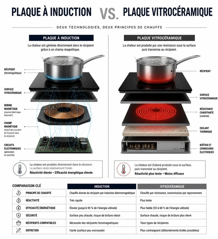 Schéma comparatif du fonctionnement entre une plaque à induction et une plaque vitrocéramique pour comprendre la différence entre induction et vitrocéramique