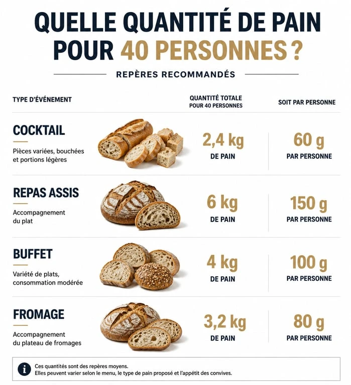 Infographie des quantités de pain recommandées pour 40 personnes selon le type de repas