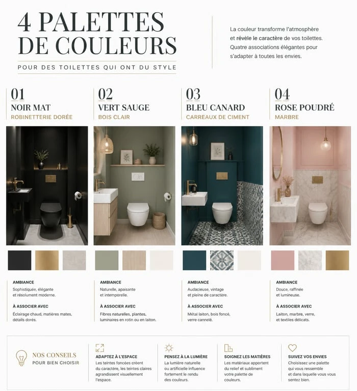 Infographie des tendances déco pour toilettes colorées : associations de couleurs et matériaux pour une salle d'eau design.
