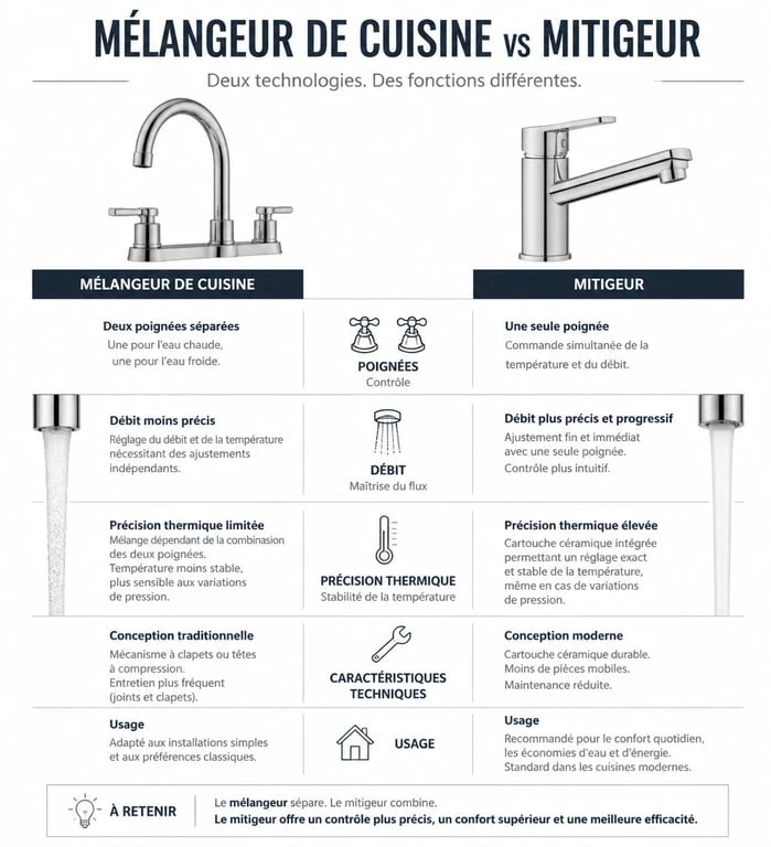 Comparatif visuel mélangeur robinet cuisine et mitigeur