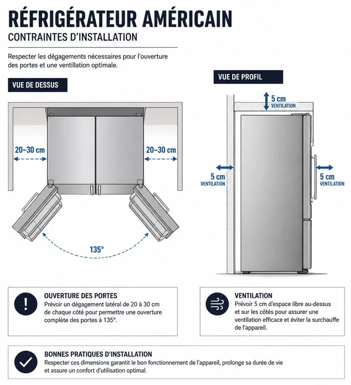 Schéma technique des règles d'installation et de ventilation pour un réfrigérateur américain dans une cuisine