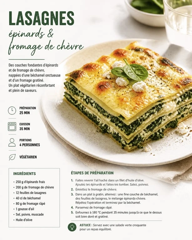 Lasagnes aux épinards et chèvre maison, plat gratiné et gourmand