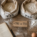 farine t45 ou t55 sur un plan de travail rustique