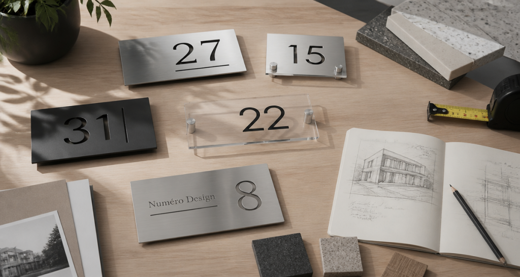 Plaques numero de maison design sur bureau d'architecte