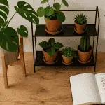 Support plante intérieur en bois et métal avec plantes vertes