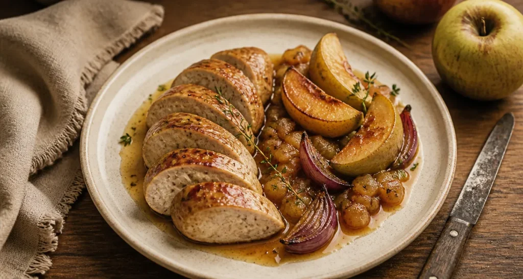 Accompagnement boudin blanc : boudin poêlé doré, pommes rôties au cidre