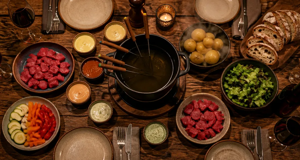 Accompagnement fondue bourguignonne avec sauces, légumes et pain