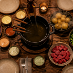 Accompagnement fondue bourguignonne avec sauces, légumes et pain