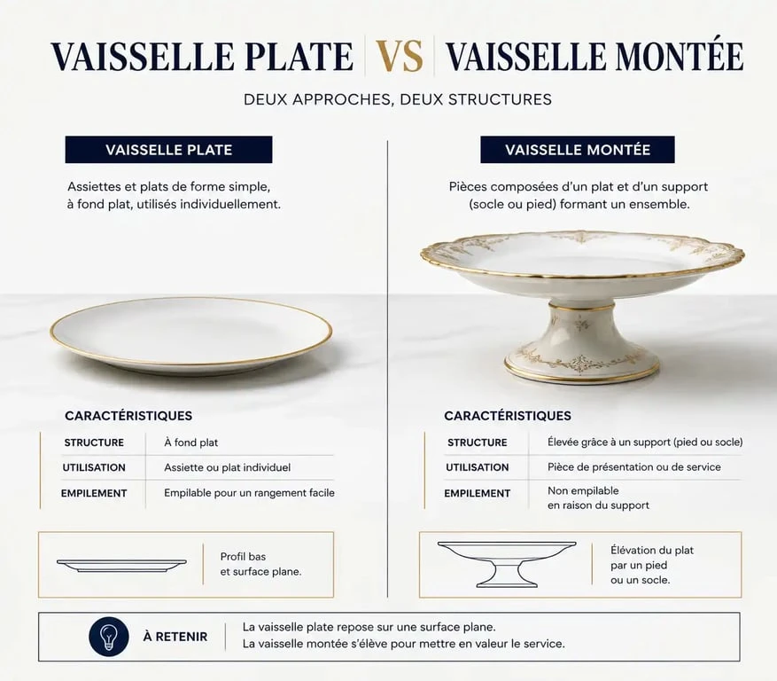 Illustration comparative entre vaisselle plate et vaissellerie montée pour illustrer la définition de la vaissellerie