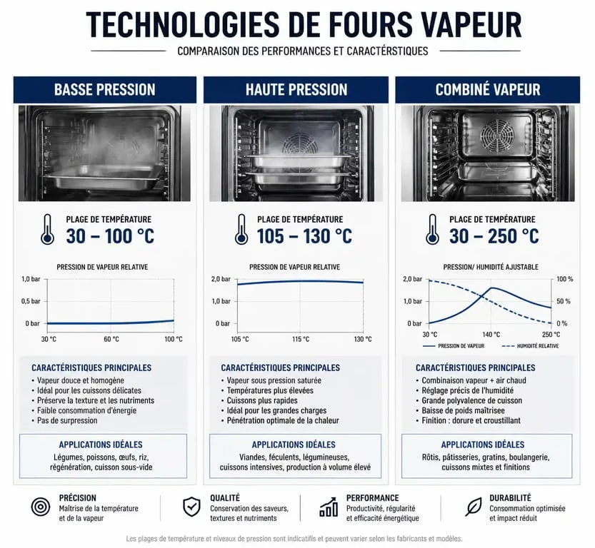 Infographie comparative des technologies de fours vapeur : basse pression, haute pression et combiné vapeur pour choisir son four vapeur selon les avis.