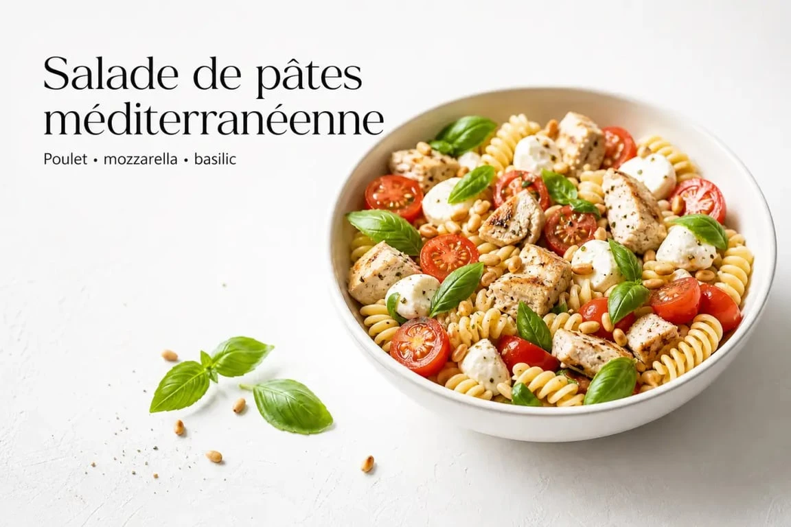 Salade de pâtes au poulet méditerranéenne avec tomates cerises et mozzarella