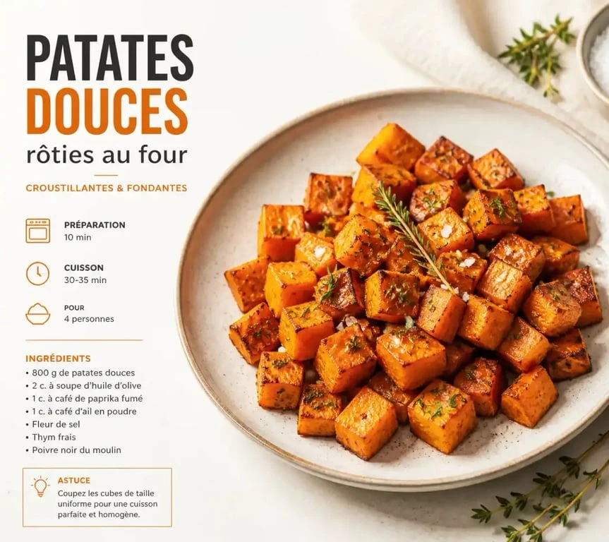 Assiette de patates douces rôties au four, un accompagnement idéal pour vos plats de viande ou poisson.