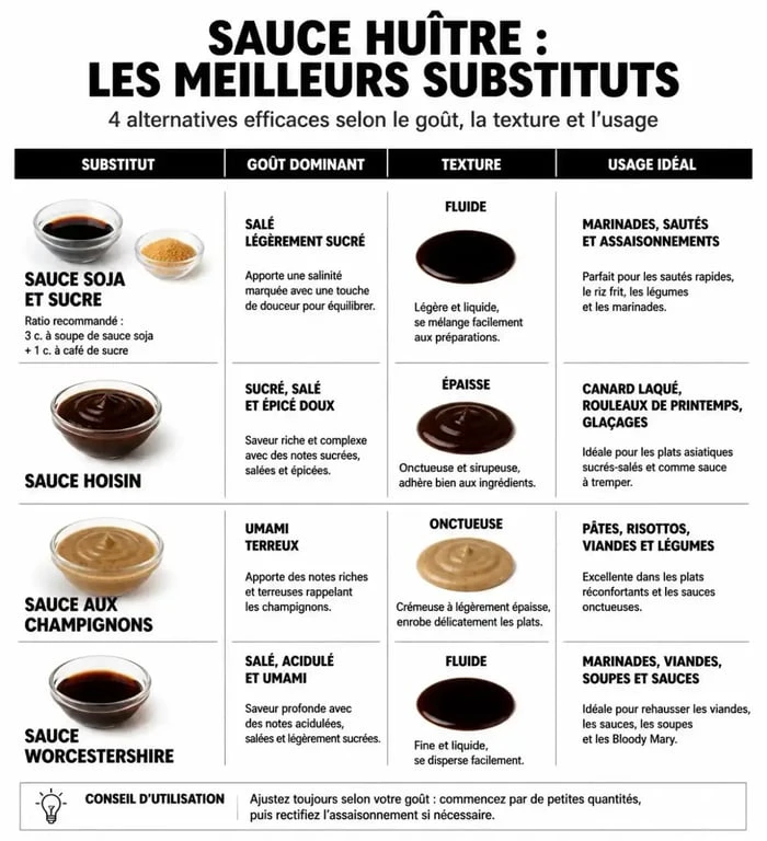 Infographie comparative des substituts à la sauce huître pour vos recettes asiatiques