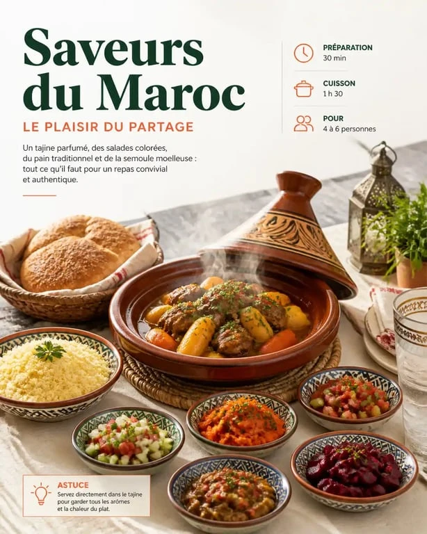 Tajine marocain traditionnel accompagné de pain khobz et de salades variées