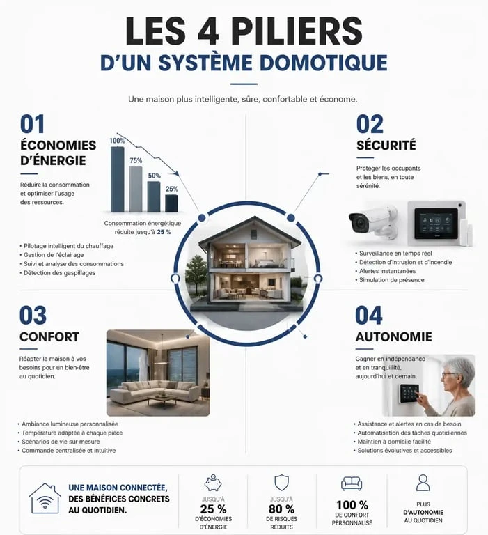 Infographie des bénéfices d'un système domotique : économies d'énergie, sécurité, confort et autonomie.