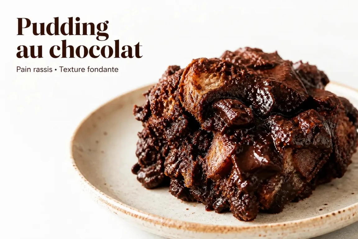Pudding au chocolat fondant réalisé avec du pain rassis, une recette anti-gaspi gourmande.