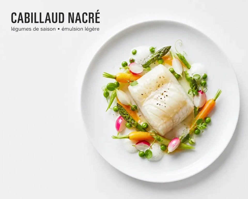 Dos de cabillaud parfaitement cuit avec son accompagnement de légumes de saison, idéal pour une présentation raffinée.